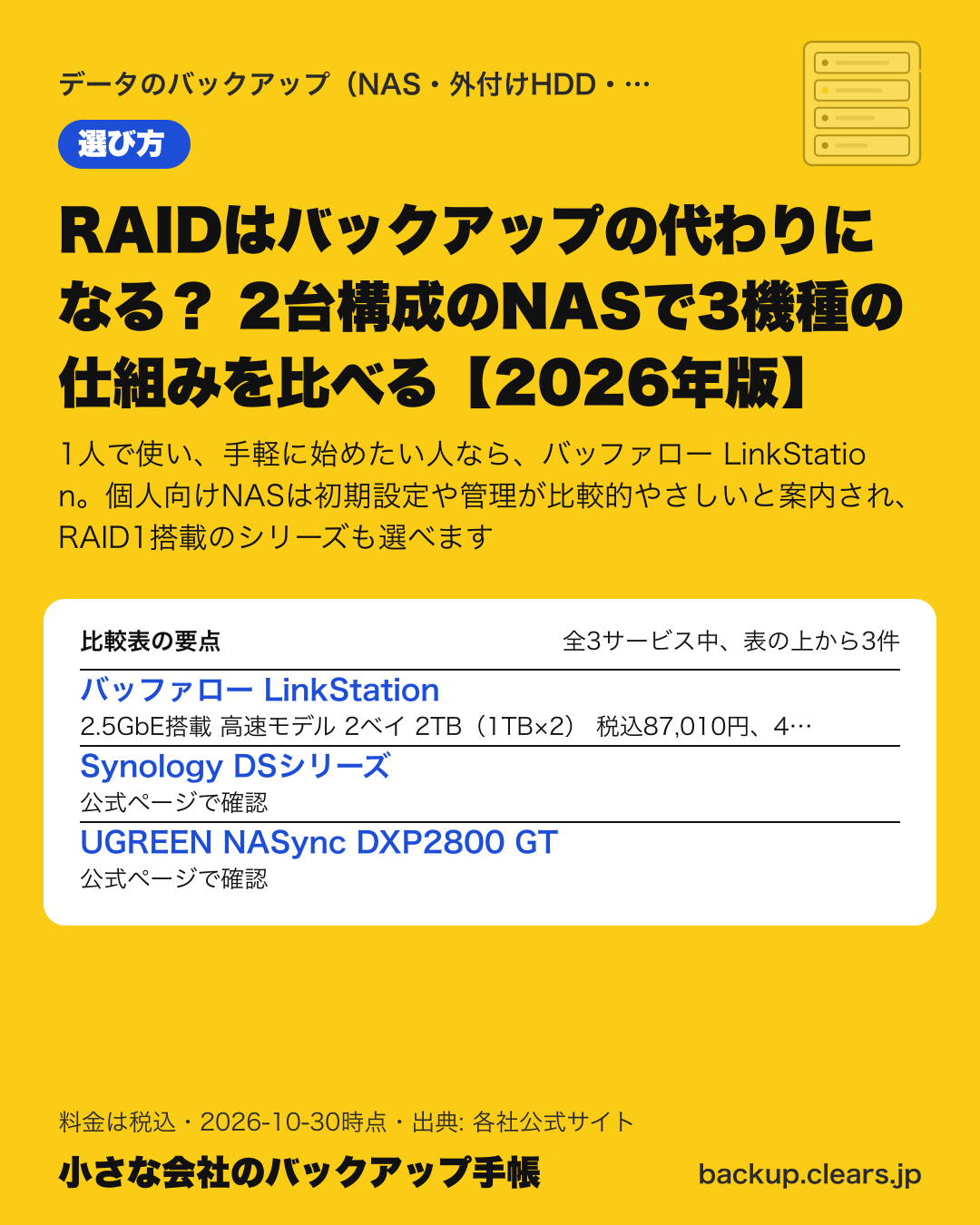 RAIDはバックアップの代わりになる？ 2台構成のNASで3機種の仕組みを比べる【2026年版】の比較表の要点